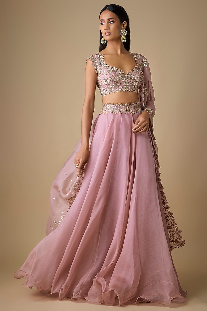 Pink Organza Hand Embroidered Bridal Lehenga Set by Anushree Reddy at Pernia's Pop Up Shop