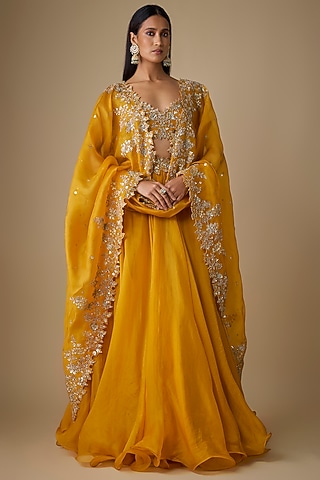 Mustard Organza Hand Embroidered Lehenga Set by Anushree Reddy