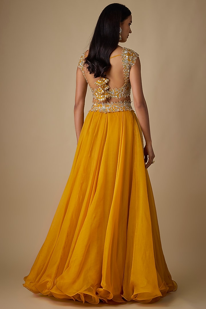 Mustard Organza Hand Embroidered Bridal Lehenga Set by Anushree Reddy at Pernia's Pop Up Shop