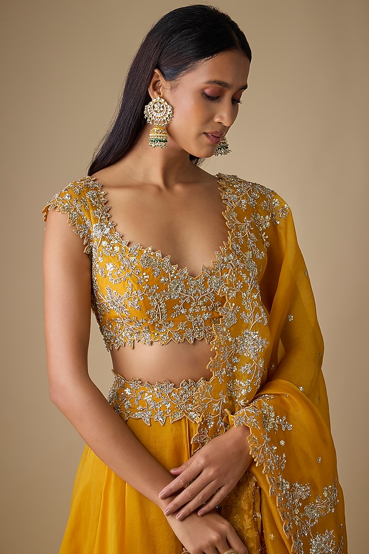 Mustard Organza Hand Embroidered Bridal Lehenga Set by Anushree Reddy at Pernia's Pop Up Shop