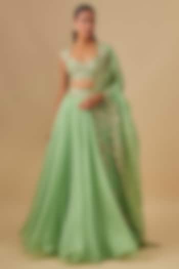 Mint Green Organza Hand Embroidered Bridal Lehenga Set by Anushree Reddy at Pernia's Pop Up Shop