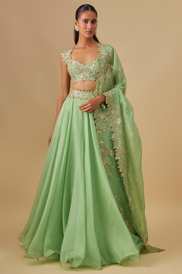 Mint Green Organza Hand Embroidered Bridal Lehenga Set by Anushree Reddy at Pernia's Pop Up Shop