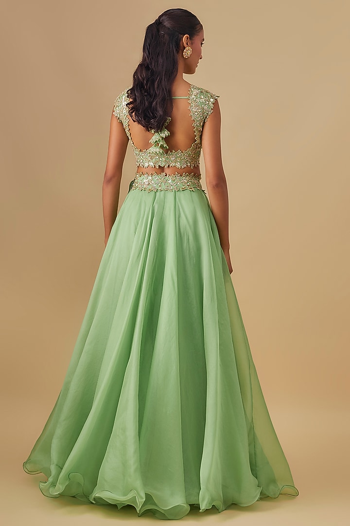 Mint Green Organza Hand Embroidered Bridal Lehenga Set by Anushree Reddy at Pernia's Pop Up Shop