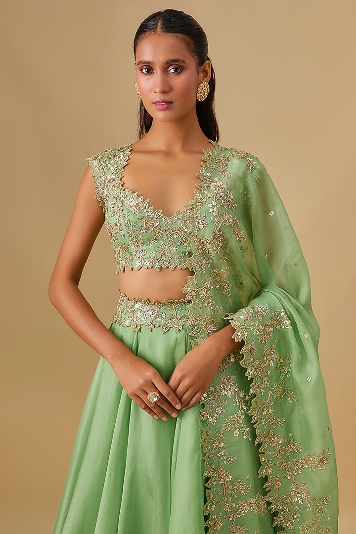 Mint Green Organza Hand Embroidered Bridal Lehenga Set by Anushree Reddy at Pernia's Pop Up Shop
