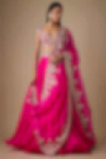 Hot Pink Organza Hand Embroidered Bridal Lehenga Set by Anushree Reddy at Pernia's Pop Up Shop