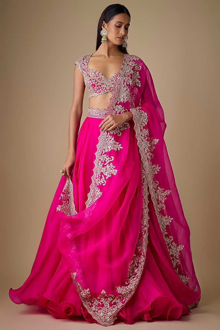 Hot Pink Organza Hand Embroidered Bridal Lehenga Set by Anushree Reddy at Pernia's Pop Up Shop