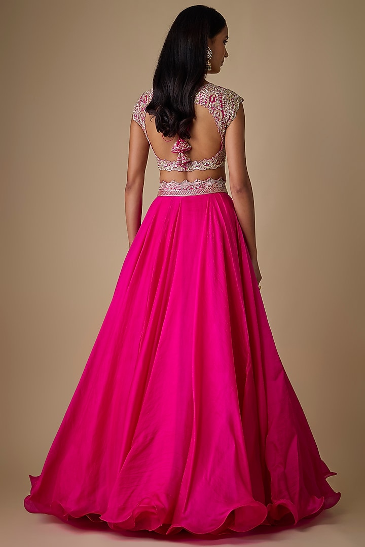Hot Pink Organza Hand Embroidered Bridal Lehenga Set by Anushree Reddy at Pernia's Pop Up Shop