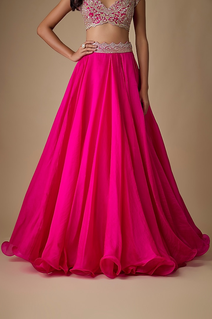 Hot Pink Organza Hand Embroidered Bridal Lehenga Set by Anushree Reddy at Pernia's Pop Up Shop