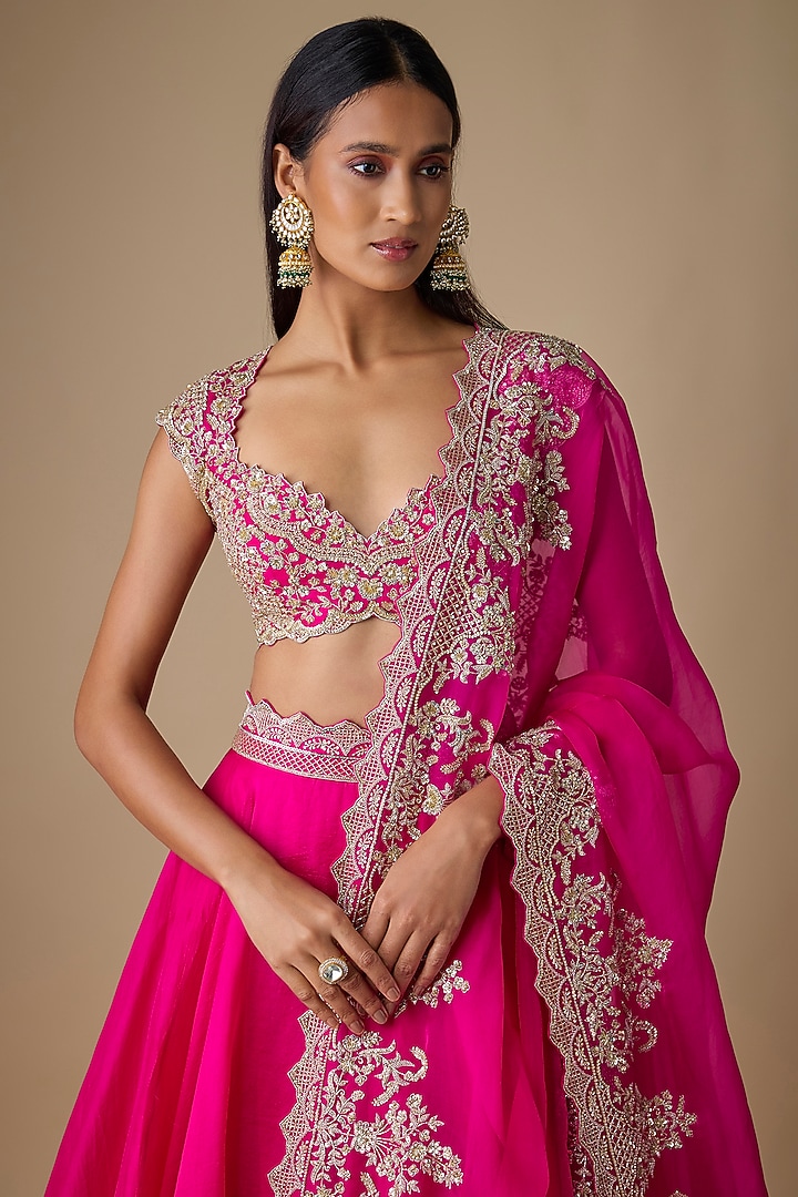 Hot Pink Organza Hand Embroidered Bridal Lehenga Set by Anushree Reddy at Pernia's Pop Up Shop