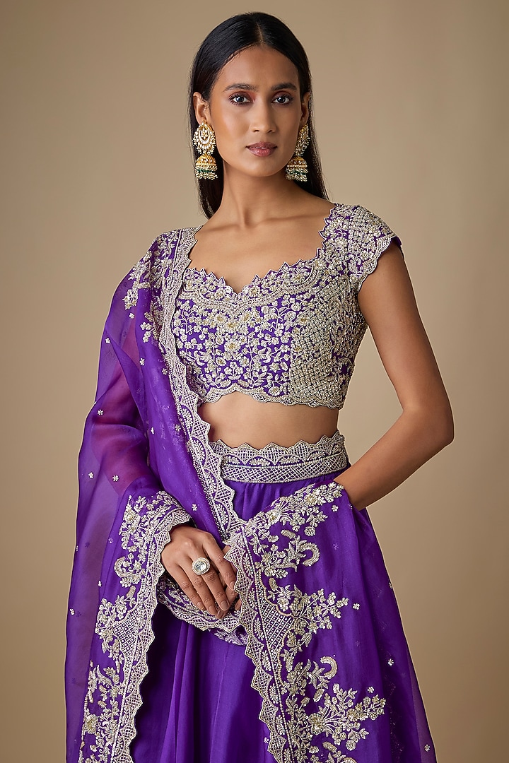 Purple Organza Hand Embroidered Bridal Lehenga Set by Anushree Reddy at Pernia's Pop Up Shop