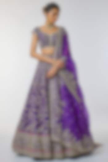 Purple Raw Silk Hand Embroidered Bridal Lehenga Set by Anushree Reddy at Pernia's Pop Up Shop