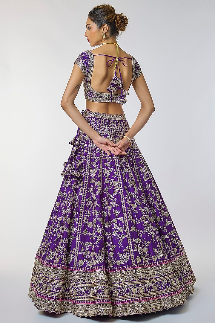 Purple Raw Silk Hand Embroidered Bridal Lehenga Set by Anushree Reddy at Pernia's Pop Up Shop