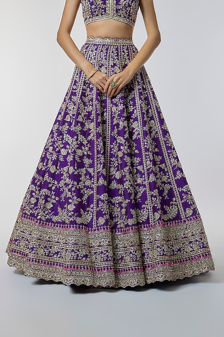 Purple Raw Silk Hand Embroidered Bridal Lehenga Set by Anushree Reddy at Pernia's Pop Up Shop