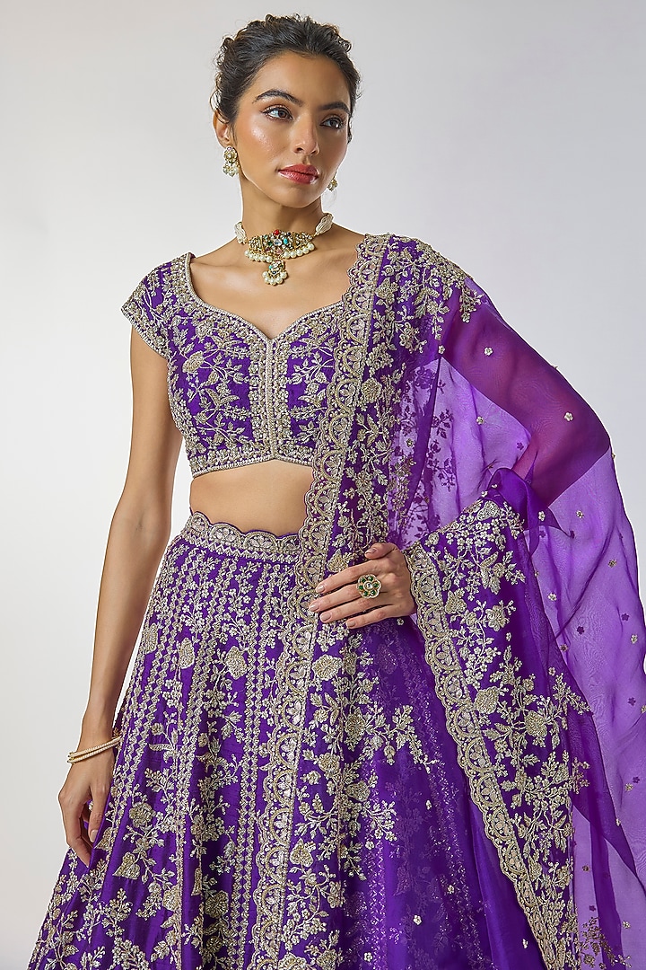 Purple Raw Silk Hand Embroidered Bridal Lehenga Set by Anushree Reddy at Pernia's Pop Up Shop