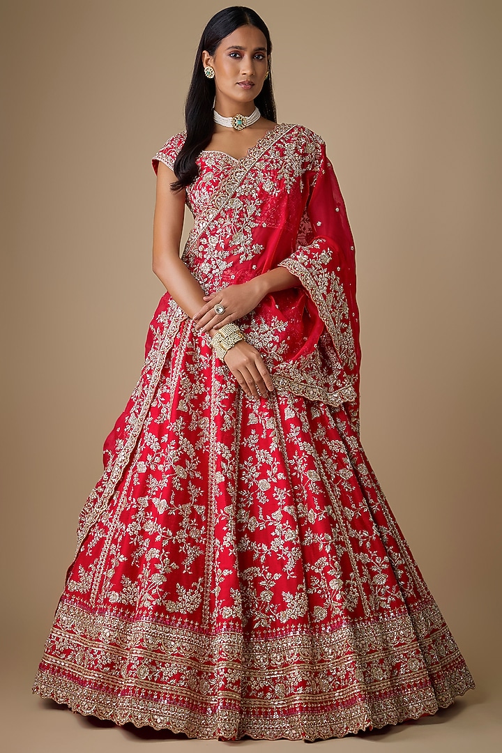Red Raw Silk Hand Embroidered Bridal lehenga for 22 Lehenga Set by Anushree Reddy at Pernia's Pop Up Shop