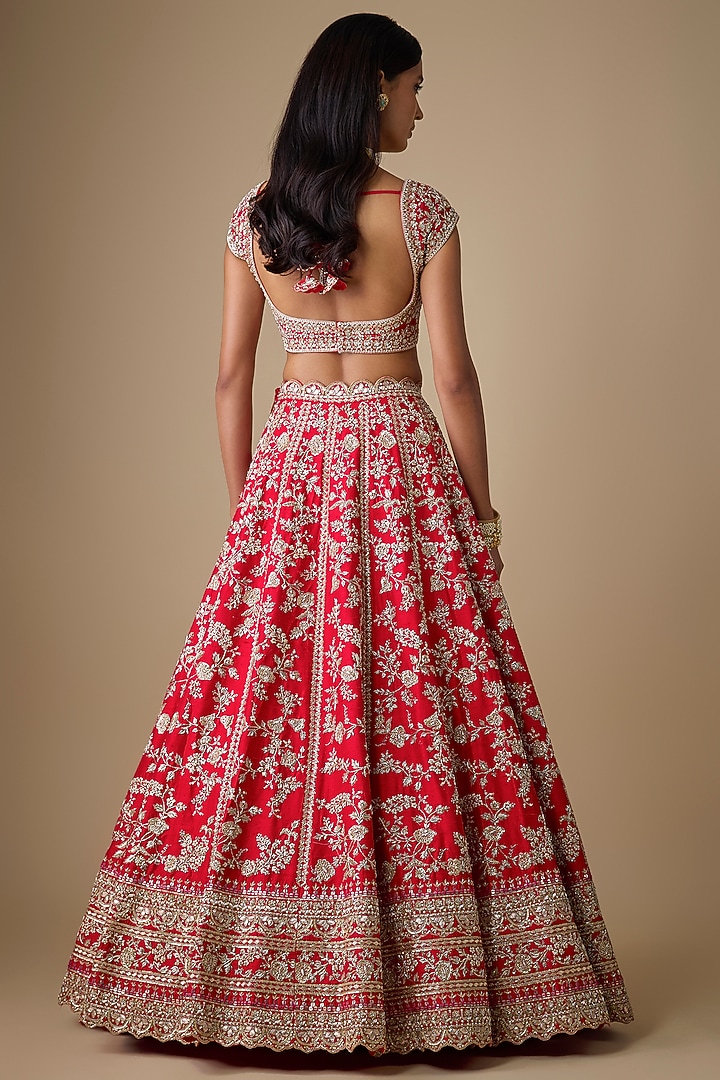 Red Raw Silk Hand Embroidered Bridal Lehenga Set by Anushree Reddy at Pernia's Pop Up Shop