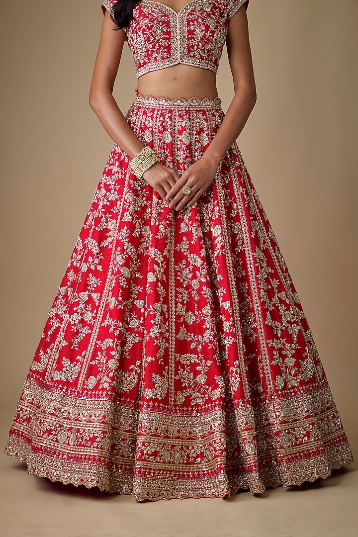 Red Raw Silk Hand Embroidered Bridal Lehenga Set by Anushree Reddy at Pernia's Pop Up Shop