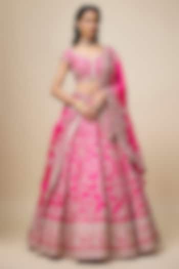 Hot Pink Raw Silk Hand Embroidered Bridal Lehenga Set by Anushree Reddy at Pernia's Pop Up Shop