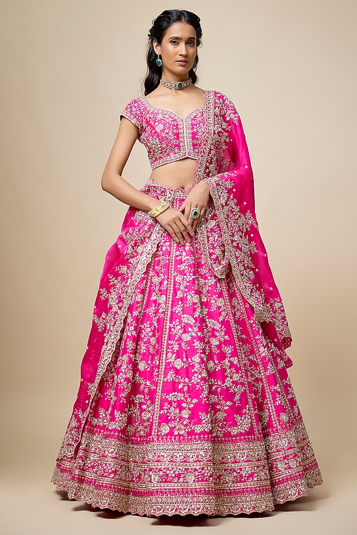 Hot Pink Raw Silk Hand Embroidered Bridal Lehenga Set by Anushree Reddy at Pernia's Pop Up Shop