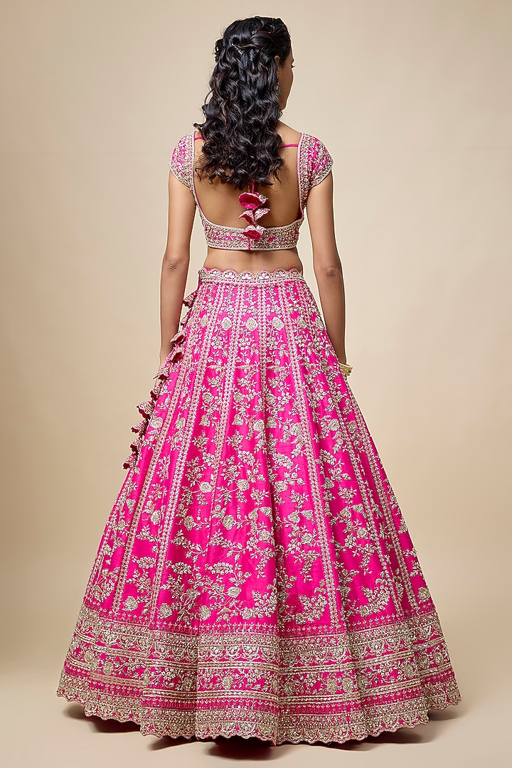 Hot Pink Raw Silk Hand Embroidered Bridal Lehenga Set by Anushree Reddy at Pernia's Pop Up Shop