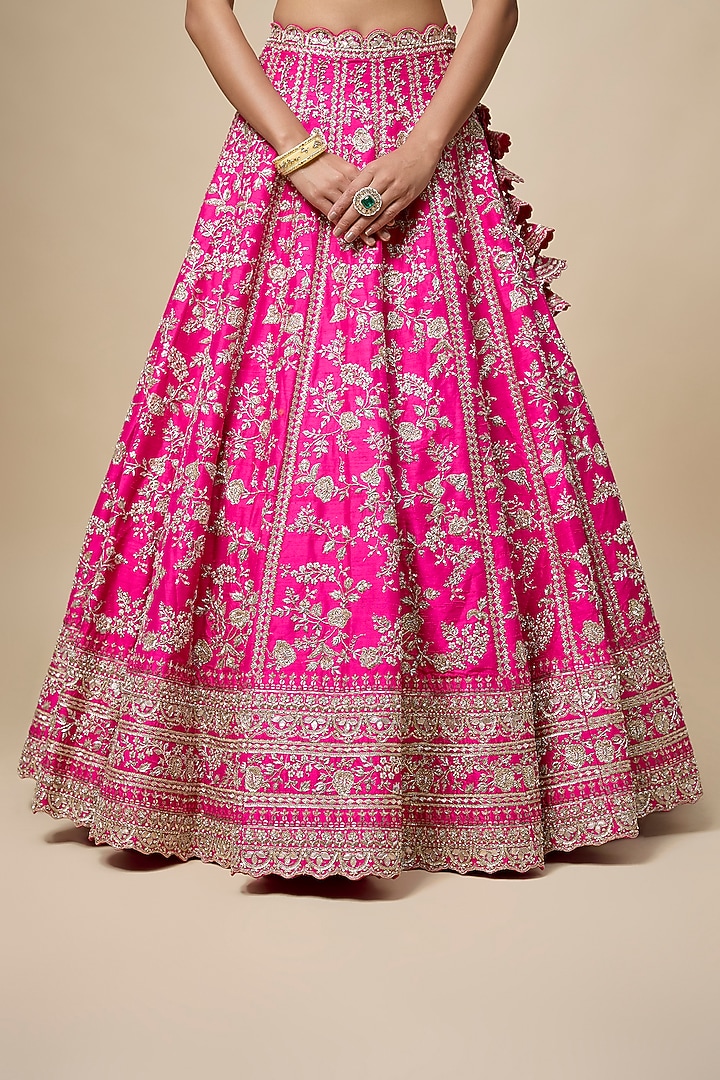 Hot Pink Raw Silk Hand Embroidered Bridal Lehenga Set by Anushree Reddy at Pernia's Pop Up Shop