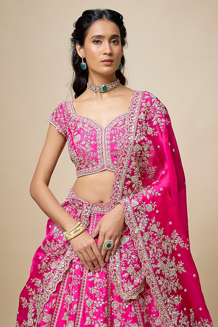 Hot Pink Raw Silk Hand Embroidered Bridal Lehenga Set by Anushree Reddy at Pernia's Pop Up Shop