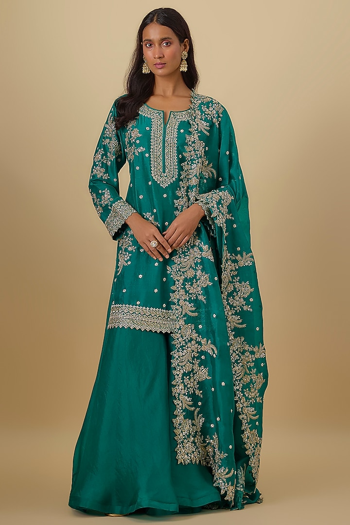 Emerald Green Dupion Silk Bridal Sharara Set by Anushree Reddy at Pernia's Pop Up Shop