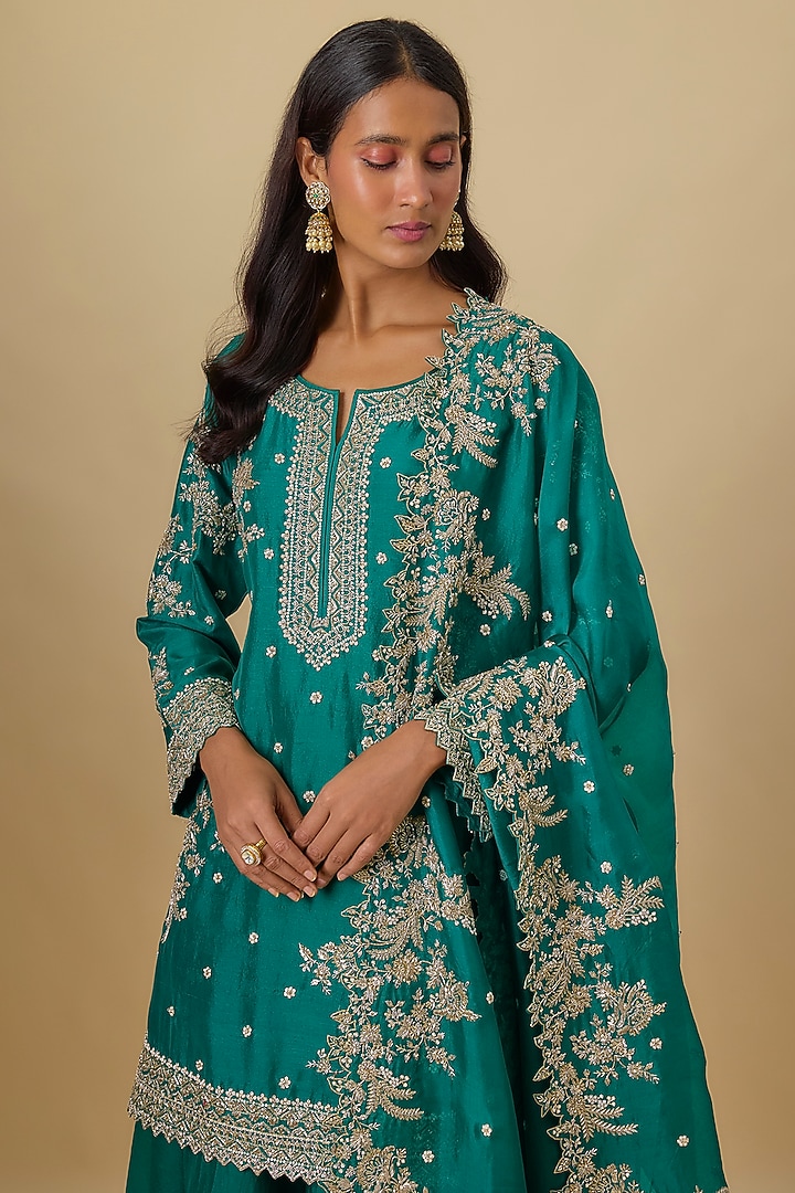 Emerald Green Dupion Silk Bridal Sharara Set by Anushree Reddy at Pernia's Pop Up Shop
