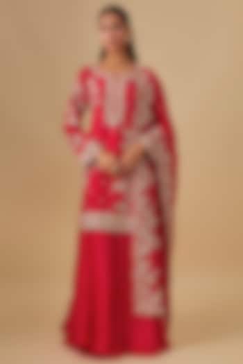 Ruby Red Dupion Silk Hand Embroidered Bridal Sharara Set by Anushree Reddy at Pernia's Pop Up Shop