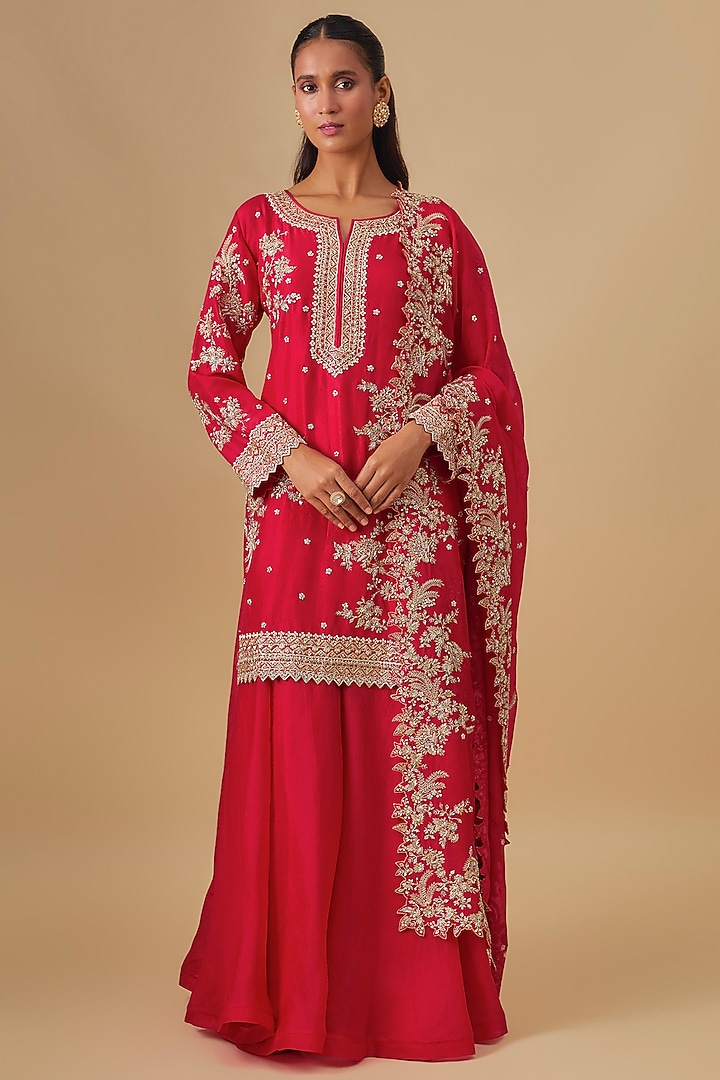 Ruby Red Dupion Silk Hand Embroidered Bridal Sharara Set by Anushree Reddy at Pernia's Pop Up Shop