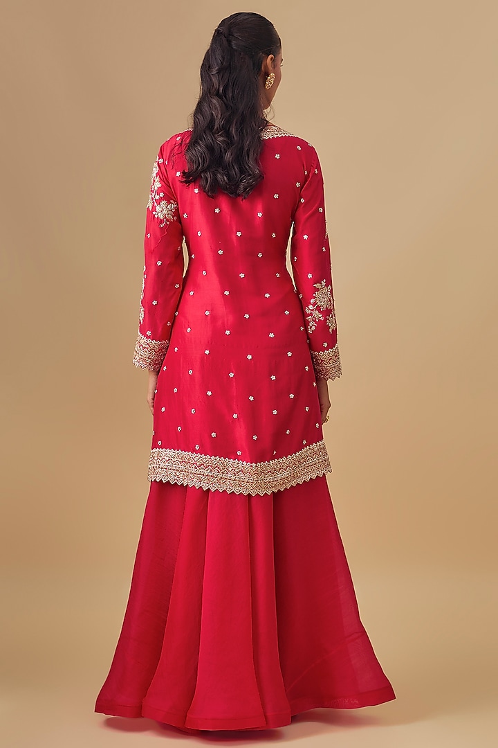 Ruby Red Dupion Silk Hand Embroidered Bridal Sharara Set by Anushree Reddy at Pernia's Pop Up Shop