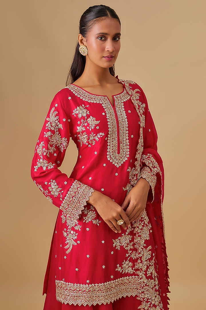 Ruby Red Dupion Silk Hand Embroidered Bridal Sharara Set by Anushree Reddy at Pernia's Pop Up Shop