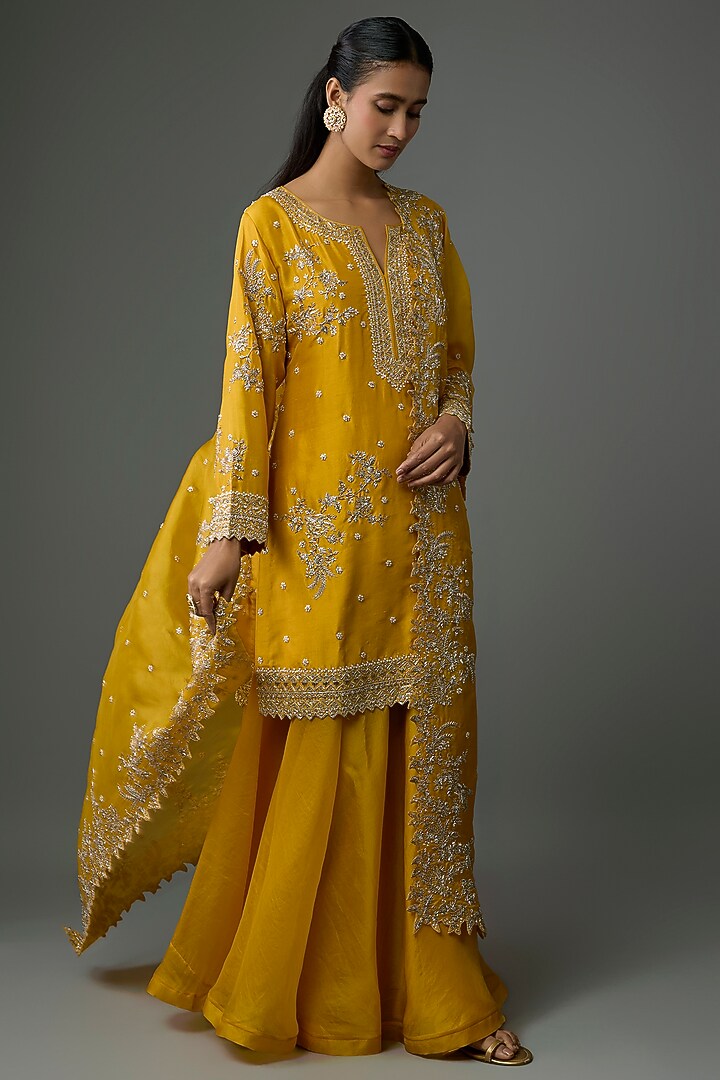 Mustard Yellow Dupion Silk Bridal Sharara Set by Anushree Reddy at Pernia's Pop Up Shop