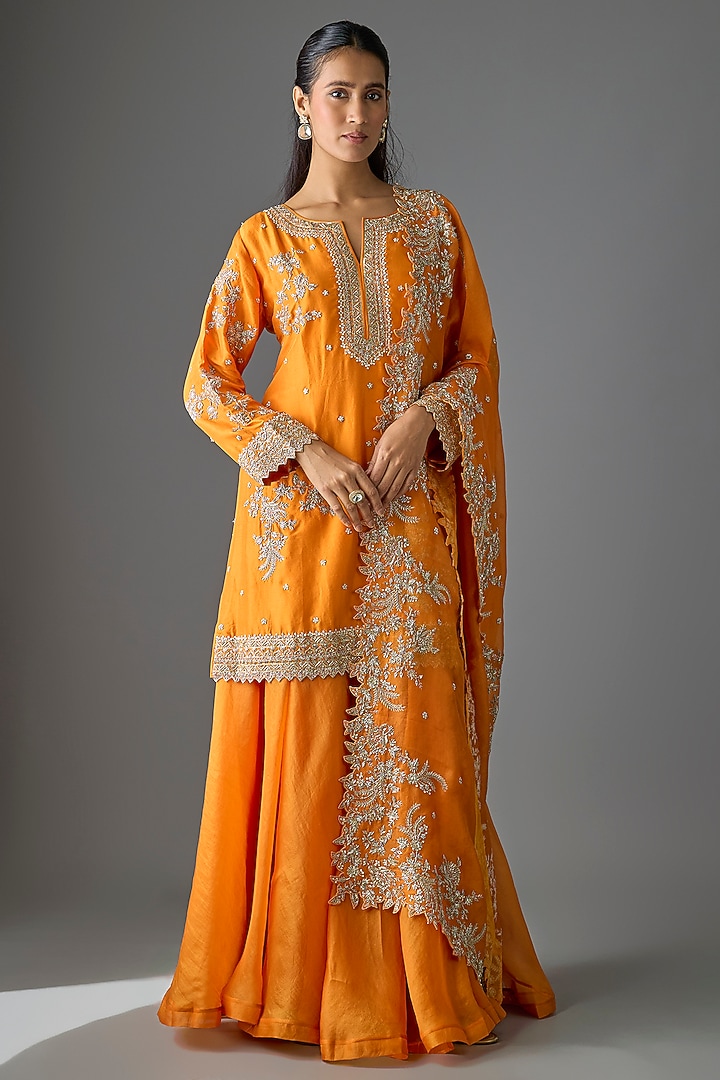 Orange Dupion Silk Bridal Sharara Set by Anushree Reddy at Pernia's Pop Up Shop