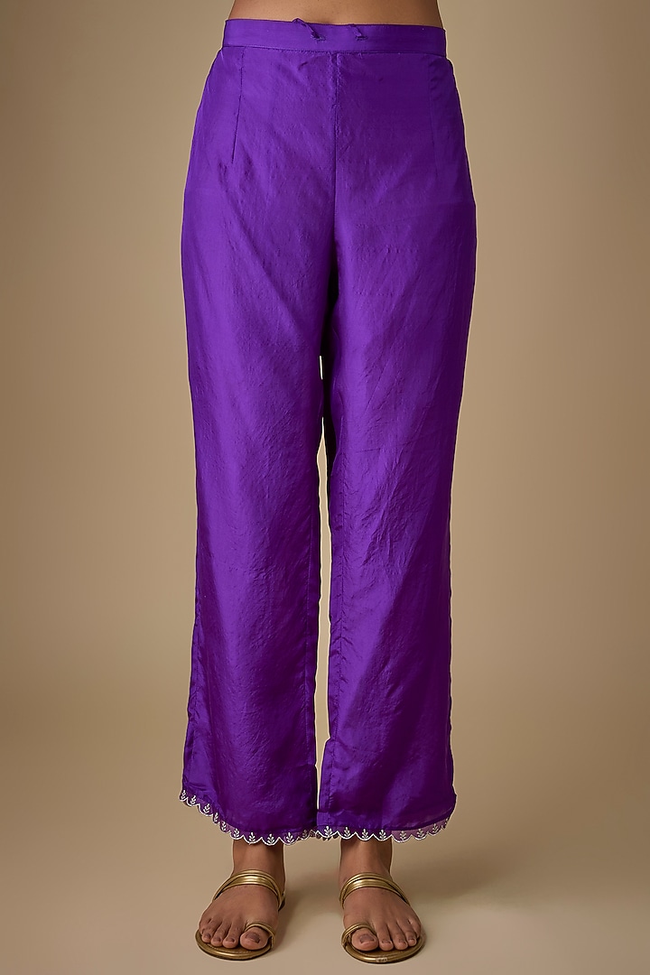 Dark Purple Dupion Silk Embroidered Kurta Set by Anushree Reddy at Pernia's Pop Up Shop