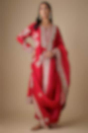 Red Dupion Silk Hand & Machine Embroidered Kurta Set by Anushree Reddy at Pernia's Pop Up Shop