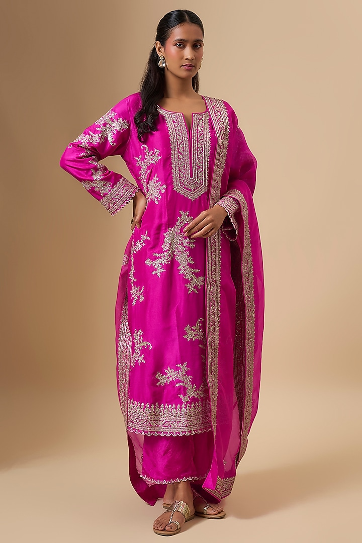 Hot Pink Dupion Silk Zari Embroidered Kurta Set by Anushree Reddy at Pernia's Pop Up Shop