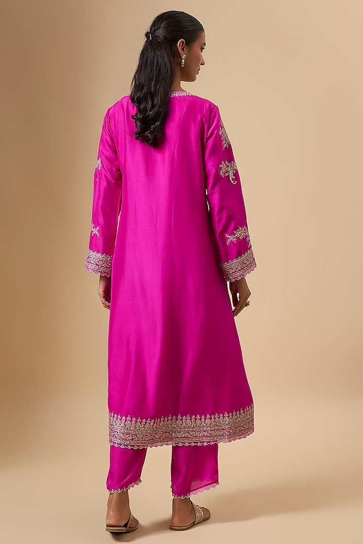Hot Pink Dupion Silk Zari Embroidered Kurta Set by Anushree Reddy at Pernia's Pop Up Shop