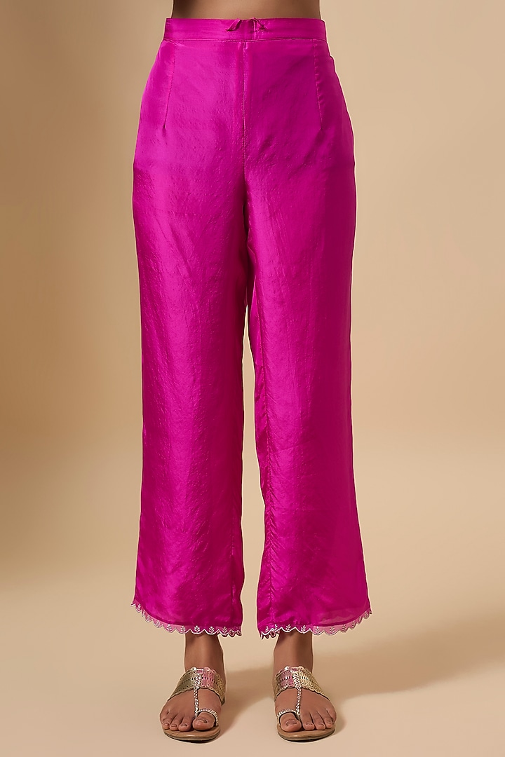 Hot Pink Dupion Silk Zari Embroidered Kurta Set by Anushree Reddy at Pernia's Pop Up Shop