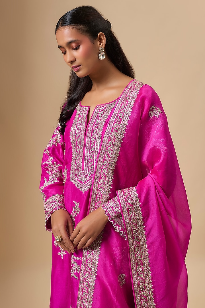 Hot Pink Dupion Silk Zari Embroidered Kurta Set by Anushree Reddy at Pernia's Pop Up Shop