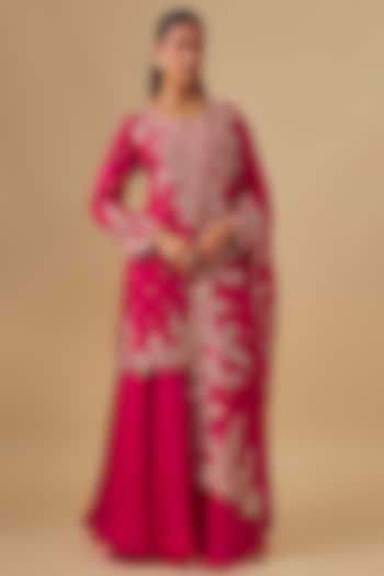 Cherry Red Dupion Silk Hand Embroidered Bridal Sharara Set by Anushree Reddy at Pernia's Pop Up Shop