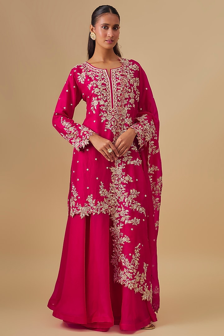 Cherry Red Dupion Silk Hand Embroidered Bridal Sharara Set by Anushree Reddy at Pernia's Pop Up Shop