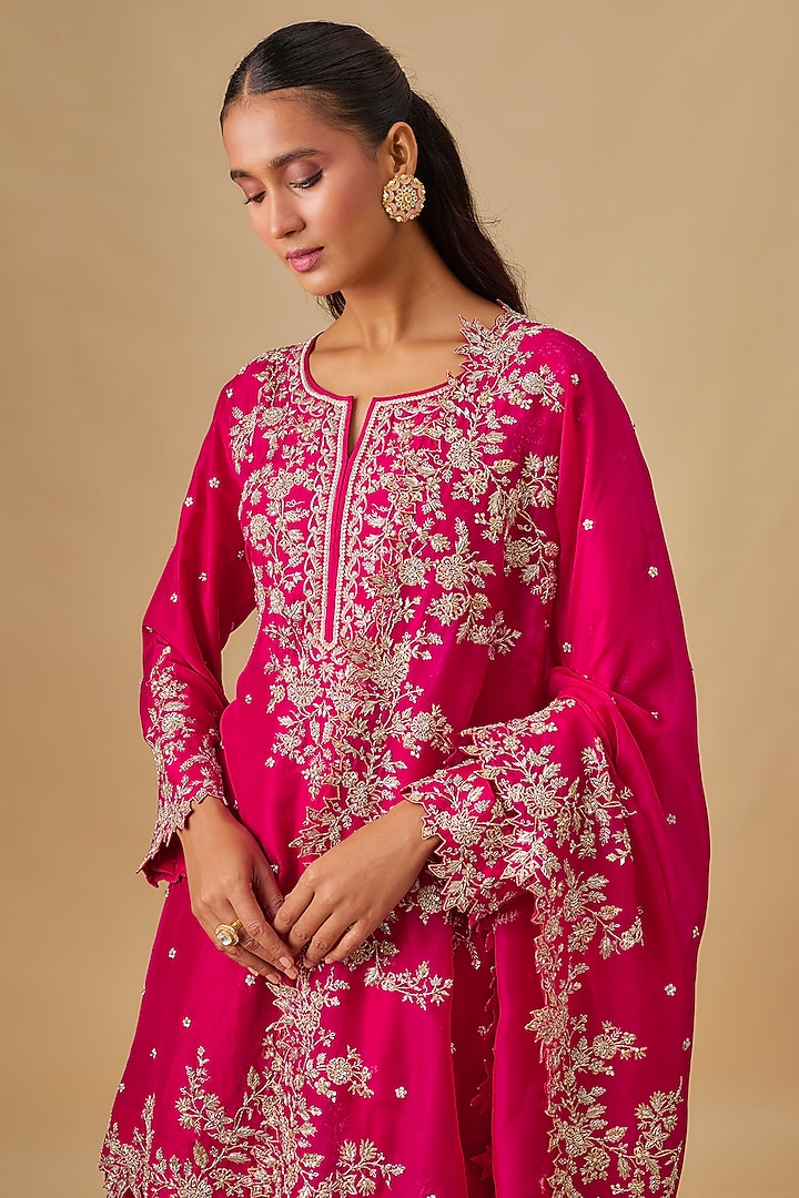Cherry Red Dupion Silk Hand Embroidered Bridal Sharara Set by Anushree Reddy at Pernia's Pop Up Shop