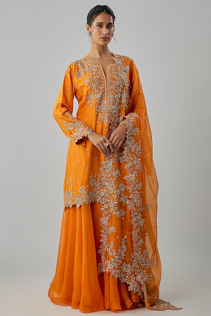 Orange Dupion Silk Bridal Sharara Set by Anushree Reddy at Pernia's Pop Up Shop