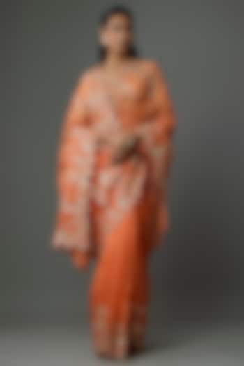 Orange Organza Hand & Machine Embroidered Bridal Saree Set by Anushree Reddy at Pernia's Pop Up Shop