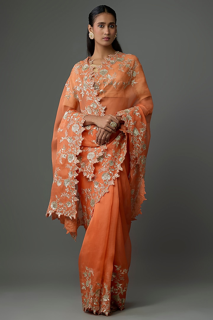 Orange Organza Hand & Machine Embroidered Bridal Saree Set by Anushree Reddy at Pernia's Pop Up Shop