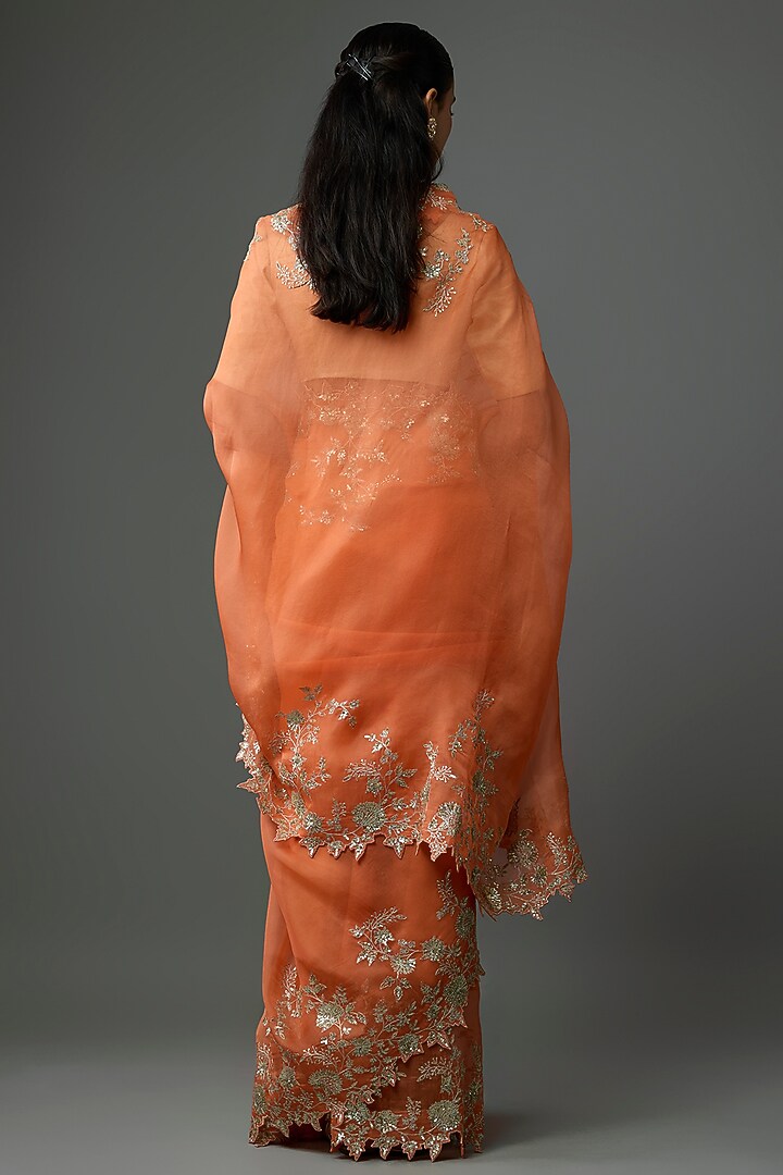 Orange Organza Hand & Machine Embroidered Bridal Saree Set by Anushree Reddy at Pernia's Pop Up Shop