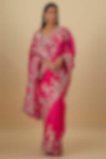 Cherry Red Organza Hand Embroidered Bridal Saree Set by Anushree Reddy at Pernia's Pop Up Shop