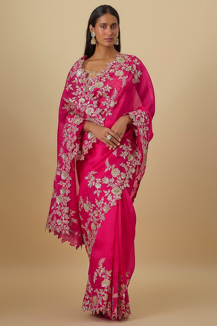 Cherry Red Organza Hand Embroidered Bridal Saree Set by Anushree Reddy at Pernia's Pop Up Shop