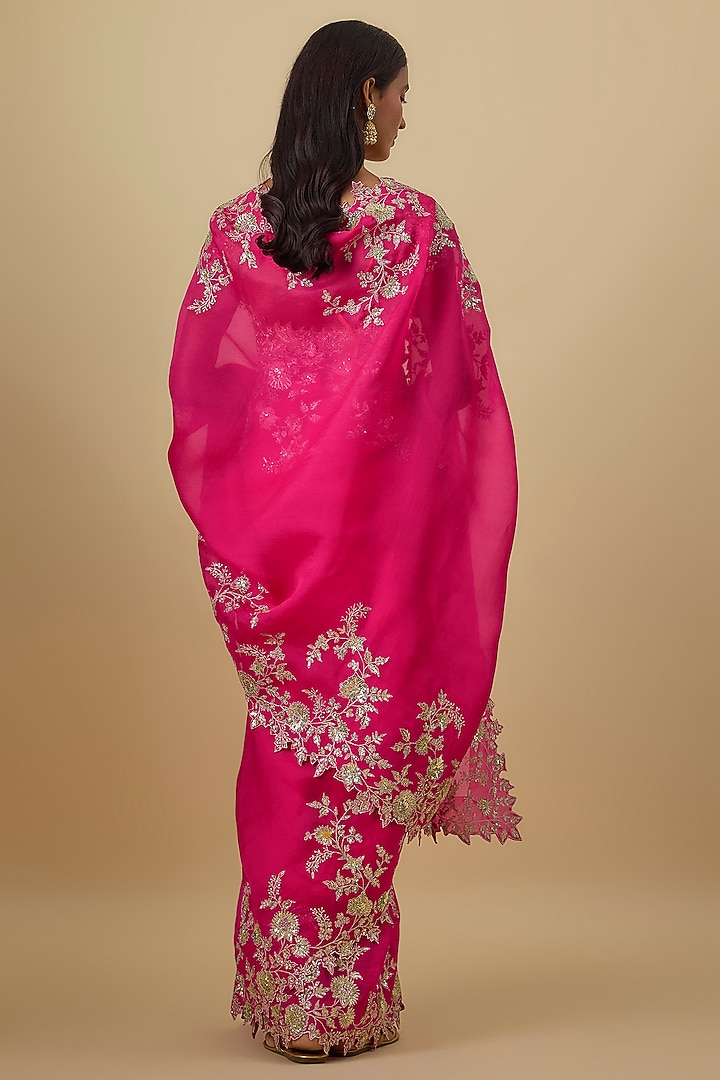 Cherry Red Organza Hand Embroidered Bridal Saree Set by Anushree Reddy at Pernia's Pop Up Shop